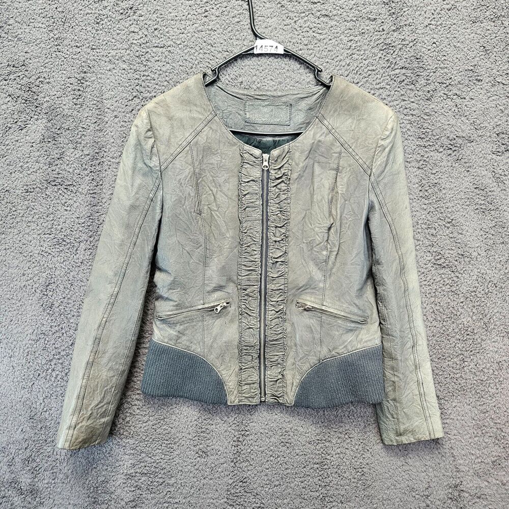 Carlopik Leather Jacket Womens Size 42 Gray Zip‎ Up Moto Style